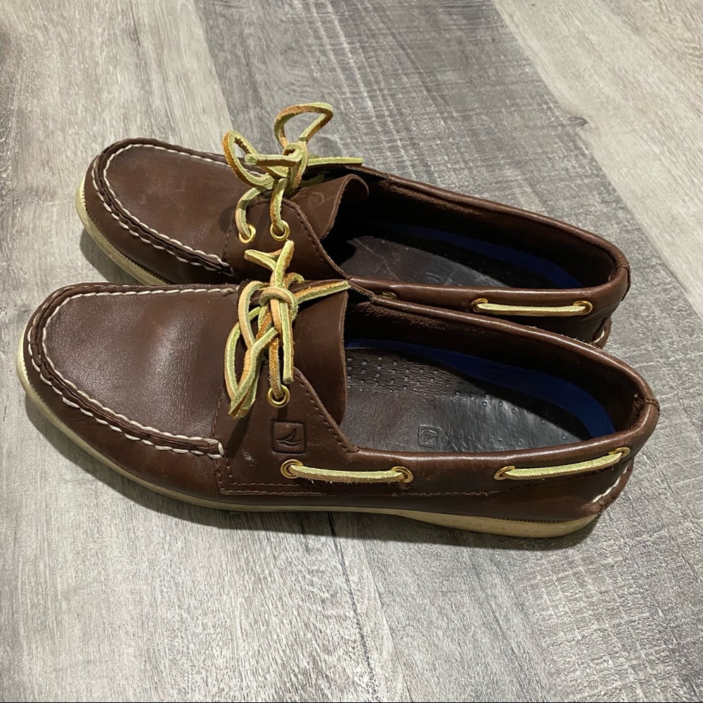 Sperry Brown Boat Shoes with Yellow Laces
